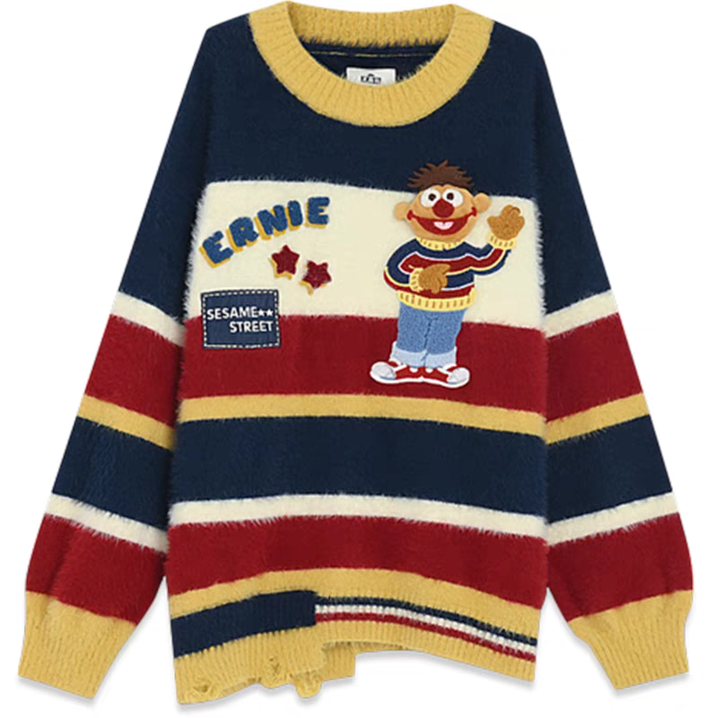 Cartoon Striped Crew Neck Sweater